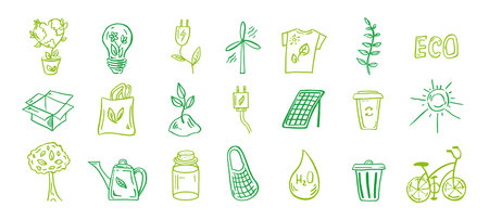 Set of ecology. Hand-drawn doodle vector illustration. Ecology problem, recycling and green energy icons. Environmental symbols.のイラスト素材