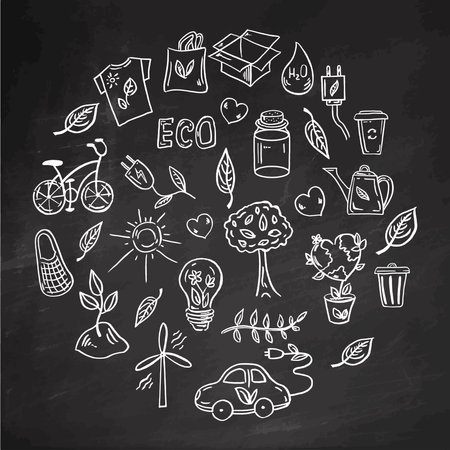 Set of ecology on chalkboard background. Elements in circle. Hand-drawn doodle vector illustration. Ecology problem, recycling and green energy icons. Environmental symbols.のイラスト素材
