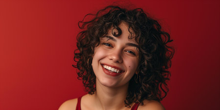 Dark-haired curly-haired young woman posing in close-up on a monochrome background, portrait, model. AI generated.の素材