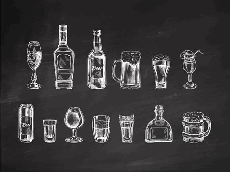 A set of hand-drawn sketches of alcohol drinks on chalkboard background. Vector illustration in vintage style. Beverages. Good for the menu.のイラスト素材