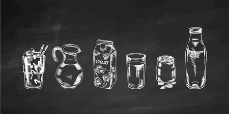 A set of hand-drawn sketches of milk drinks isolated on chalkboard background. Vector illustration in vintage style. Beverages. Good for the menu.のイラスト素材