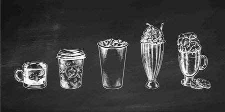 A set of hand-drawn sketches of cold and hot drinks on chalkboard background. Vector illustration in vintage style. Beverages. Good for the menu.のイラスト素材
