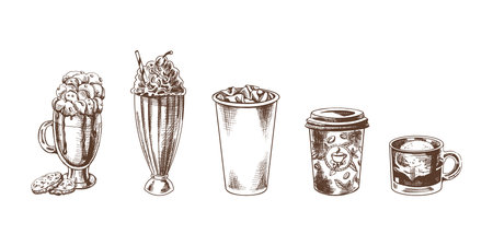 A set of hand-drawn sketches of cold and hot drinks. Vector illustration in vintage style. Beverages. Good for the menu.のイラスト素材
