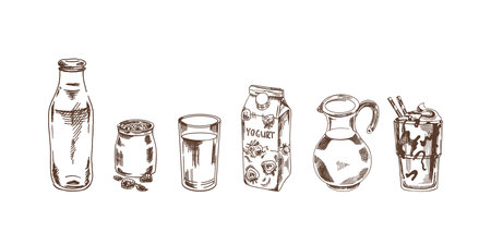 A set of hand-drawn sketches of milk drinks. Vector illustration in vintage style. Beverages. Good for the menu.のイラスト素材