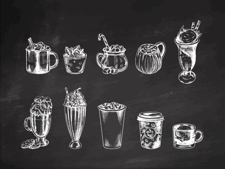 A set of hand-drawn sketches of cold and hot drinks on chalkboard background. Vector illustration in vintage style. Beverages. Good for the menu.のイラスト素材
