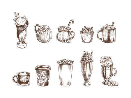 A set of hand-drawn sketches of cold and hot drinks. Vector illustration in vintage style. Beverages. Good for the menu.のイラスト素材