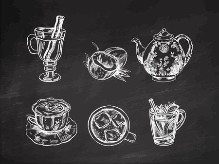 A set of hand-drawn sketches of drinks on chalkboard background. Vector illustration in vintage style. Beverages. Good for the menu.のイラスト素材