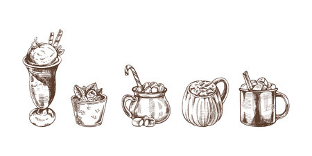 A set of hand-drawn sketches of cold and hot drinks. Vector illustration in vintage style. Beverages. Good for the menu.のイラスト素材