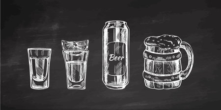 A set of hand-drawn sketches of alcohol drinks on chalkboard background. Vector illustration in vintage style. Beverages. Good for the menu.のイラスト素材