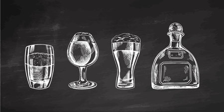 A set of hand-drawn sketches of alcohol drinks on chalkboard background. Vector illustration in vintage style. Beverages. Good for the menu.のイラスト素材