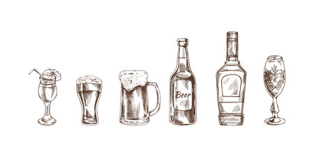 A set of hand-drawn sketches of alcohol drinks. Vector illustration in vintage style. Beverages. Good for the menu.のイラスト素材