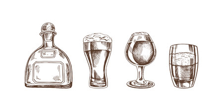 A set of hand-drawn sketches of alcohol drinks. Vector illustration in vintage style. Beverages. Good for the menu.のイラスト素材