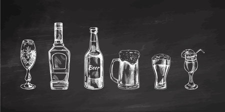 A set of hand-drawn sketches of alcohol drinks on chalkboard background. Vector illustration in vintage style. Beverages. Good for the menu.のイラスト素材