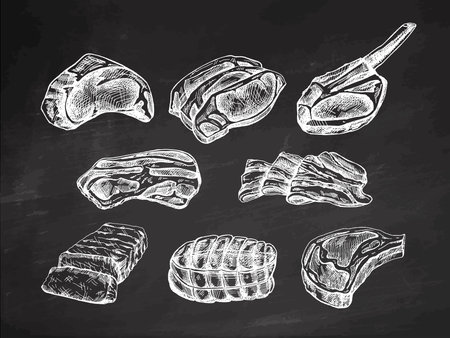 A set of hand-drawn sketches of meat pieces, beef steak, ham, pork on chalkboard background. Fresh raw meat products. For design of menu for restaurants, butcher shop.のイラスト素材