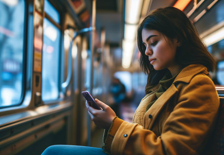 A beautiful Latin American woman in the subway. Portrait of a young woman sitting in a metro subway carriage looking at her smartphone, close-up. Bokeh in background. AI generated.の素材