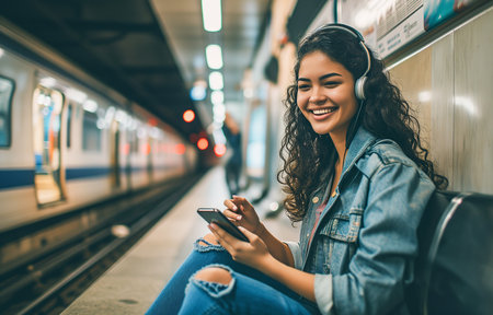 A beautiful Latin American woman in the subway. Portrait of a young woman sitting in a metro subway carriage looking at her smartphone, close-up. Bokeh in background. AI generated.の素材