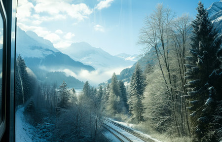 View from the train window, mountains, snowy forest, winter. railway, the concept of tourism and travel by land transport.の素材