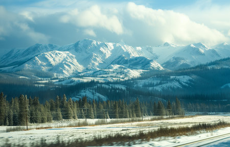 View from the train window, mountains, snowy forest, winter. railway, the concept of tourism and travel by land transport.の素材