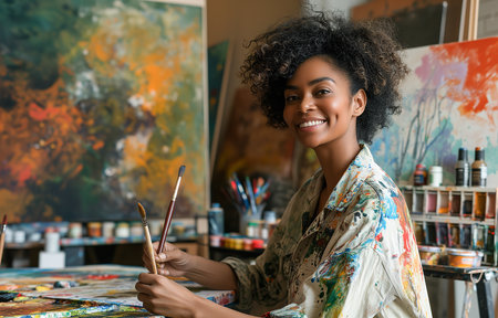 A dark-skinned artist is painting in her studio. Art studio, canvases, paintings, paints, brushes. Portrait of an African-American artist, smiling woman. Bokeh in the background.の素材