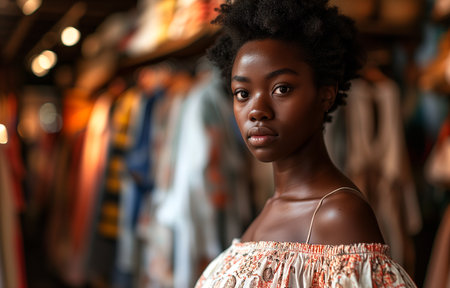 Young dark-skinned saleswoman in a clothing store. A young woman in the workplace. Portrait of an African-American woman. Bokeh in the background.の素材