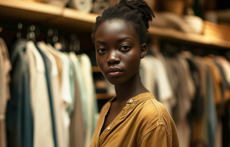 Young dark-skinned saleswoman in a clothing store. A young woman in the workplace. Portrait of an African-American woman. Bokeh in the background.の素材