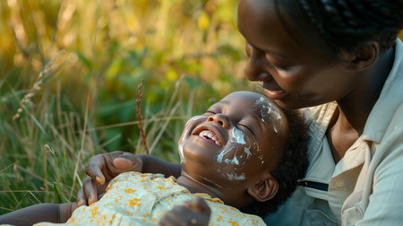 A young black mother moisturizes her baby with baby cream. Mother and child, child care, close-up portrait of a dark-skinned baby, smiling child. Bokeh in the background.の素材