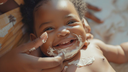 A young black mother moisturizes her baby with baby cream. Mother and child, child care, close-up portrait of a dark-skinned baby, smiling child. Bokeh in the background.の素材