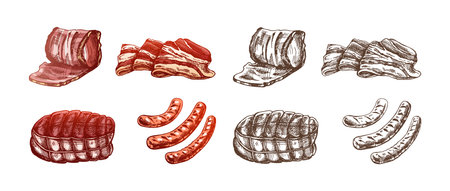 Set of hand-drawn colored and monochrome sketches of meat pieces, bacon, ham, pork, sausage. Fresh meat products. For design of menu, butcher shop. Vintage engraved illustration.のイラスト素材