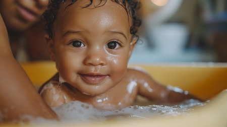 A dark-skinned kid is bathing in a bathtub. The parent bathes the child. The concept of caring, parenthood, and baby health. A close-up portrait with a bokeh effect in the background.の素材