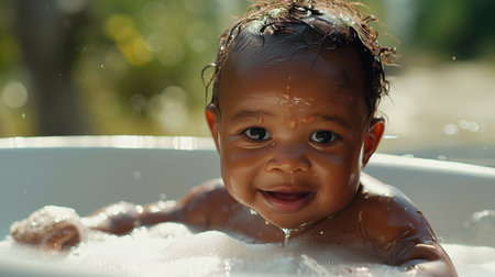 A dark-skinned kid is bathing in a bathtub. The parent bathes the child. The concept of caring, parenthood, and baby health. A close-up portrait with a bokeh effect in the background.の素材