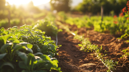 Growing plant food in the fields in daylight. The concept of ecology, solar energy. Greenery in the ground. The bokeh effect in the background.の素材