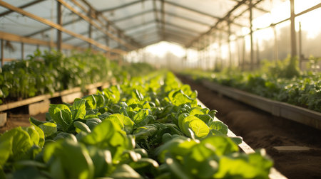 Growing plant food in greenhouses in daylight. The concept of ecology, solar energy. Greenery in the ground. The bokeh effect in the background.の素材