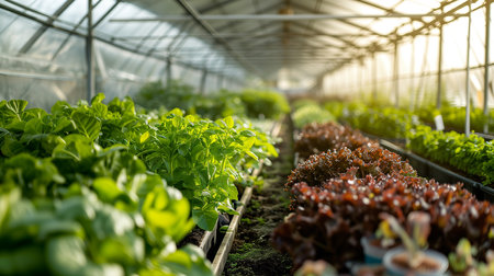 Growing plant food in greenhouses in daylight. The concept of ecology, solar energy. Greenery in the ground. The bokeh effect in the background.の素材