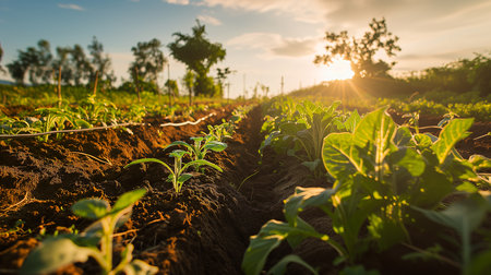 Growing plant food in the fields in daylight. The concept of ecology, solar energy. Greenery in the ground. The bokeh effect in the background.の素材