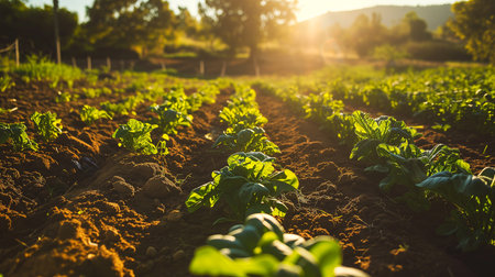 Growing plant food in the fields in daylight. The concept of ecology, solar energy. Greenery in the ground. The bokeh effect in the background.の素材