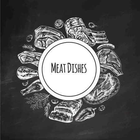 Elements in circle. Meat and vegetables menu template in engraved vintage style on chalkboard background. Hand-drawn colored sketches of barbecue meat with herbs and seasonings.のイラスト素材