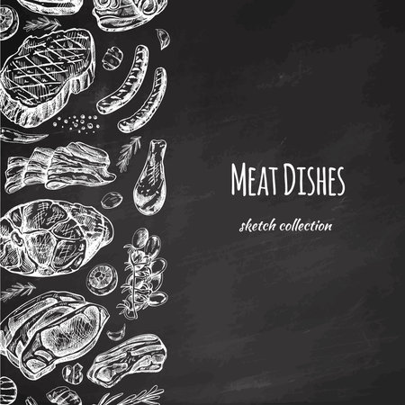 Meat and vegetables menu template in engraved vintage style. Hand-drawn sketches of barbecue meat pieces with herbs and seasonings on chalkboard background.のイラスト素材