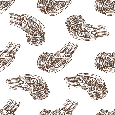 Hand-drawn vector seamless pattern of pork, beef, lamb ribs, piece of meat. Doodle vintage sketch illustration. Decorations for the menu of cafes and labels. Engraved image.のイラスト素材