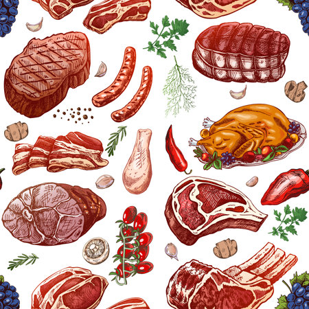 Meat and vegetables seamless pattern in engraved vintage style. Hand-drawn colored pattern of barbecue meat pieces with herbs and seasonings. Sketches for meat restaurant.のイラスト素材