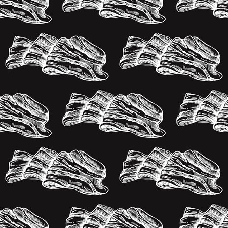 Hand-drawn seamless pattern of bacon in engraved vintage style. Hand-drawn vector white pattern of hamon or pork meat, ham slice. Italian prosciutto vintage sketch on chalkboard background.のイラスト素材