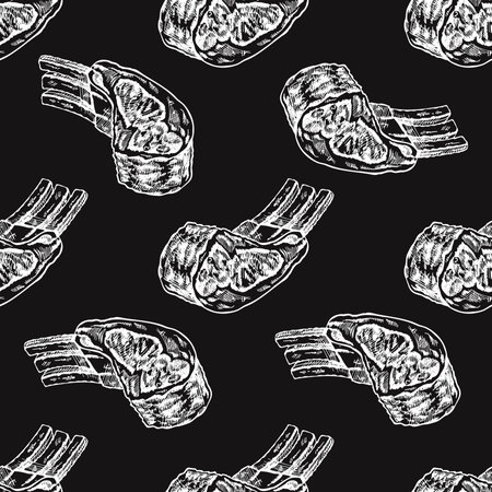 Hand-drawn vector seamless pattern of pork, beef, lamb ribs, piece of meat. Doodle vintage sketch illustration on chalkboard background. Decorations for the menu of cafes and labels. Engraved image.のイラスト素材