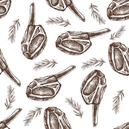 Hand-drawn vector seamless pattern of beef steak with rosemary, piece of meat on the bone. Doodle vintage sketch illustration. Decorations for the menu of cafes and labels. Engraved image.のイラスト素材