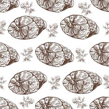 Hand-drawn vector seamless pattern of sliced ham with parsley. Italian prosciutto vintage sketch. Butcher shop. Great for label, restaurant menu. Engraved sketch image.のイラスト素材
