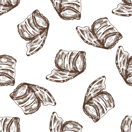Hand-drawn vector seamless pattern of bacon in engraved vintage style. Hand-drawn monochrome pattern of hamon or pork meat, ham slice. Italian prosciutto vintage sketch.のイラスト素材