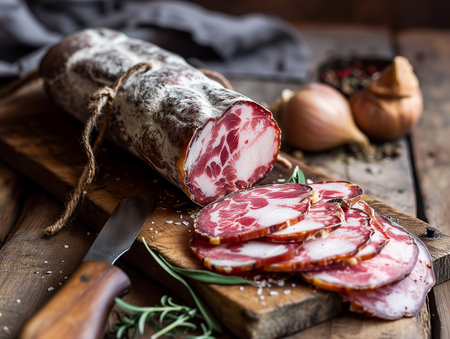 Italian dried meat mortadella on a wooden board. Sclices of fresh Italian salami. Close-up, bokeh in the background.の素材