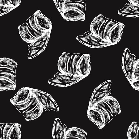 Hand-drawn seamless pattern of bacon in engraved vintage style. Hand-drawn vector white pattern of hamon or pork meat, ham slice. Italian prosciutto vintage sketch on chalkboard background.のイラスト素材