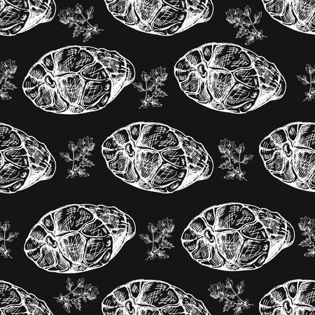 Hand-drawn vector seamless pattern of sliced ham with parsley. Italian prosciutto vintage sketch. Butcher shop. Engraved sketch image on chalkboard background.のイラスト素材