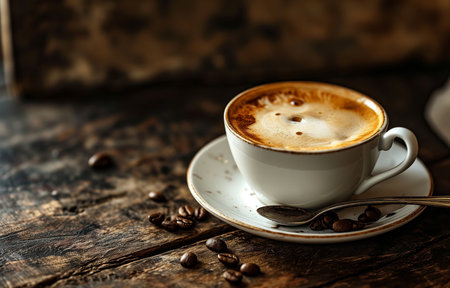 A cup of coffee on top of a white saucer on top of a wooden table next to a pile of coffee beans. Close-up, background with a bokeh effect.の素材