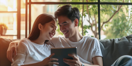 A happy young Asian couple is watching a movie online on a tablet. Close-up, bokeh in the background.の素材