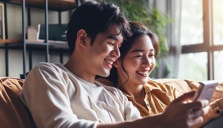 A happy young Asian couple is watching a movie online on a tablet. Close-up, bokeh in the background.の素材